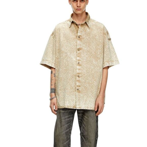 Diesel - S-Lazer Perforated Short Sleeve Shirt in Beige & Cream - Picture 6 of 6